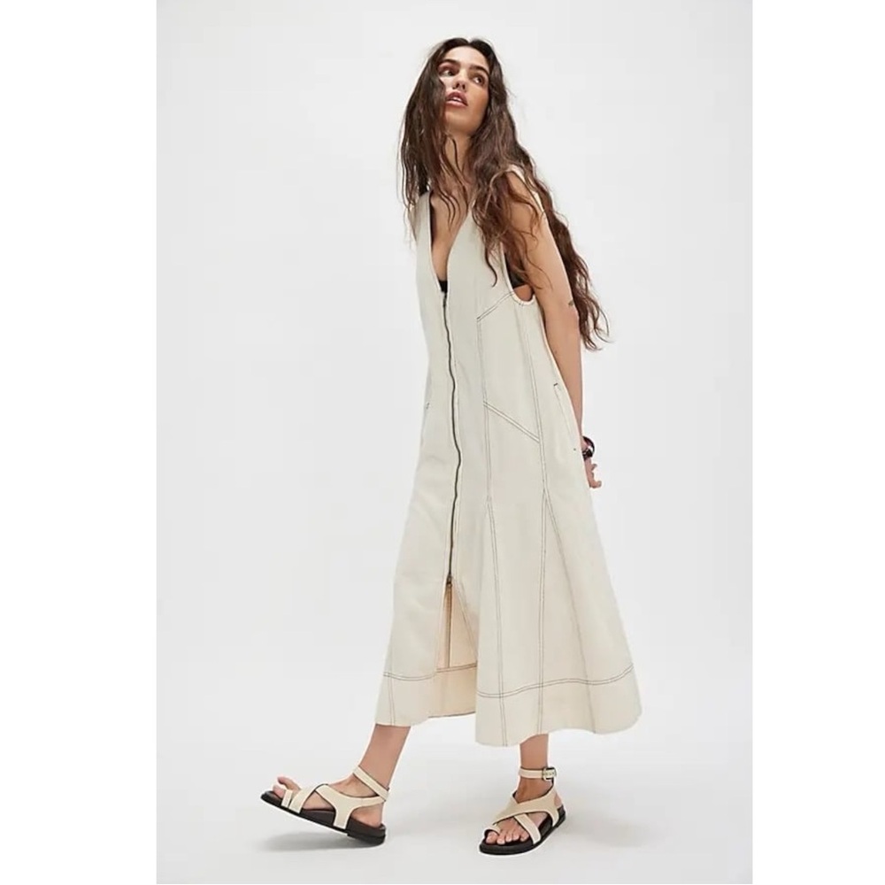 Free People Santino Denim Zip Front Midi Dress in Ecru Size Large Minimalist - Picture 9 of 16